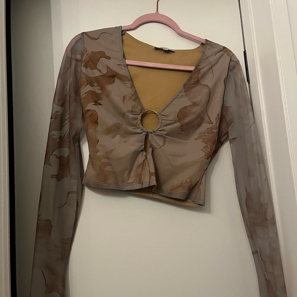 Elegant Sheer Brown Long Sleeve Blouse